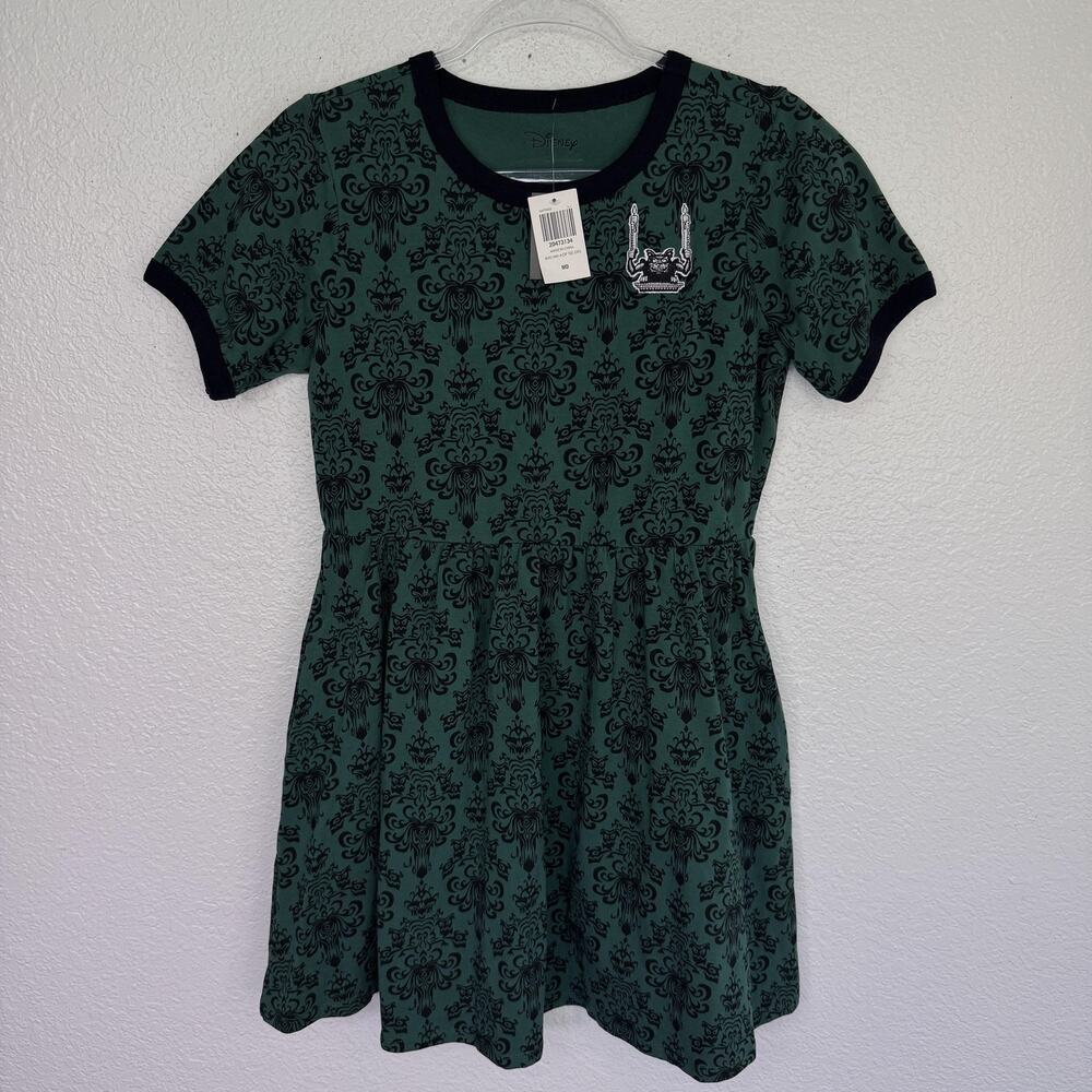 Disney Haunted Mansion Dress Women Medium Her Universe Wallpaper Tee Dress Green
